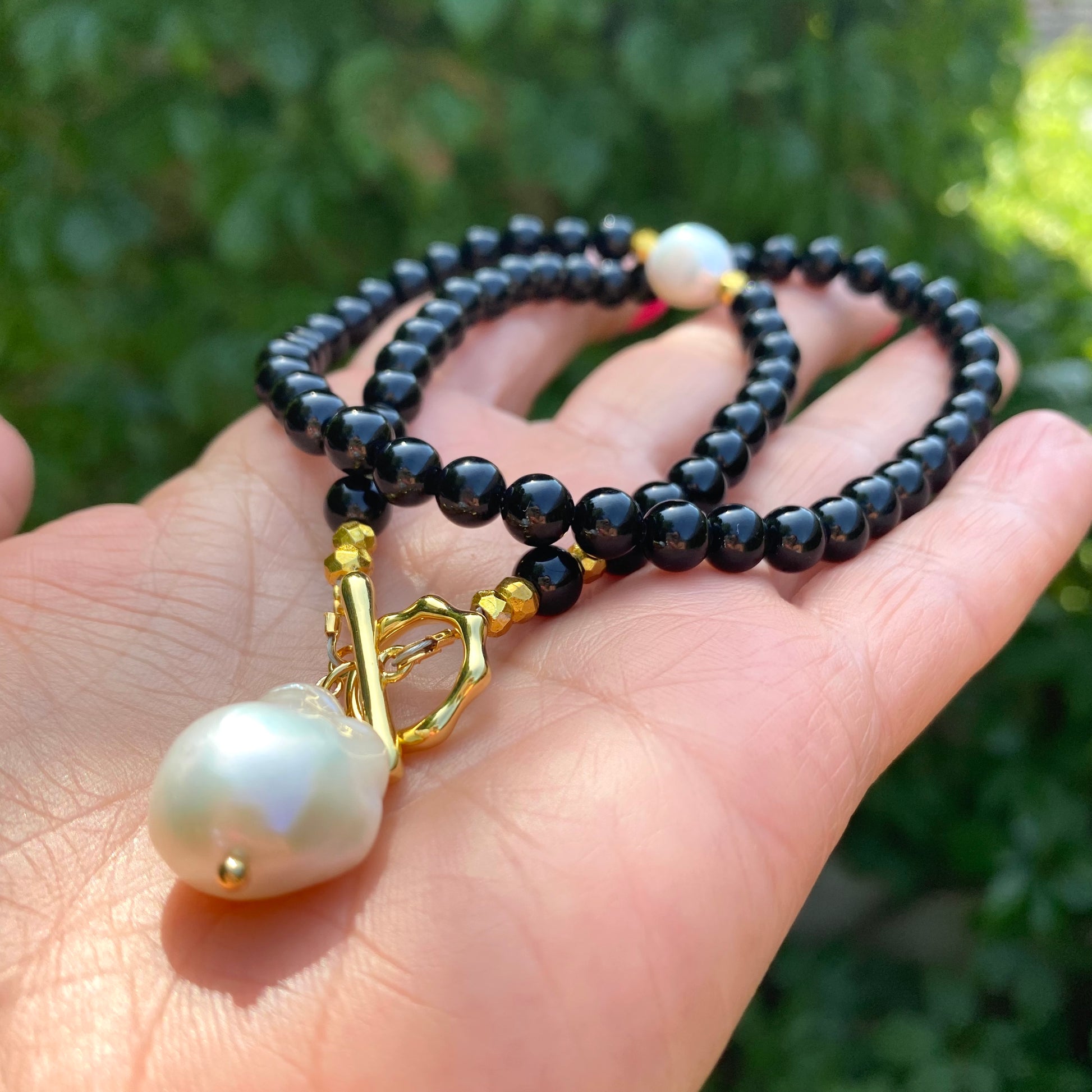 Black Onyx Beaded Necklace with Freshwater Pearls and Gold Coated Pyrite stones