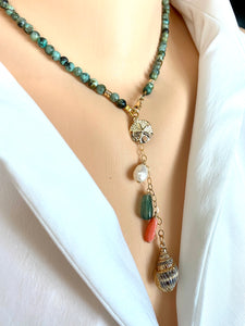 Mini African Turquoise Necklace with Gold Filled Starfish and Shell Pendant, Summer Necklace