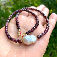 Garnet pearl necklace with faceted garnet beads and white baroque pearl handmade in Canada