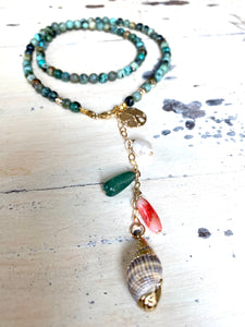 Mini African Turquoise Necklace with Gold Filled Starfish and Shell Pendant, Summer Necklace
