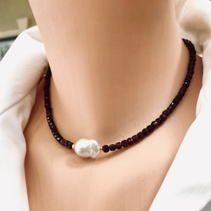 Delicate Garnet Beaded Necklace w Freshwater White Baroque Pearl & Gold Filled Details