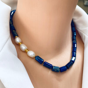 Lapis Lazuli & Freshwater Pearls Necklace, Vermeil, 17.5"in December Birthstone