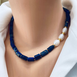 Lapis Lazuli & Freshwater Pearls Necklace, Vermeil, 17.5"in December Birthstone