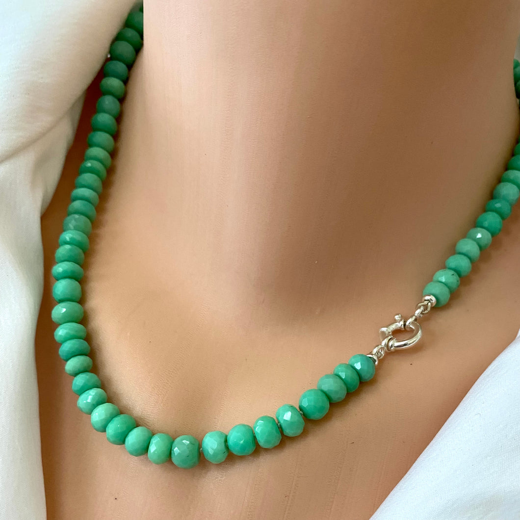Green Chalcedony Hand Knotted & Graduated Candy Necklace, Sterling Silver Marine Closure, 18