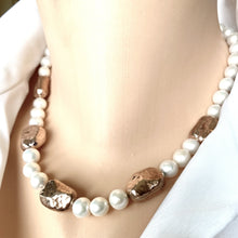 Cargar imagen en el visor de la galería, White Pearl Necklace and Vermeil Rose Gold Plated Silver Details, 17&quot;in
