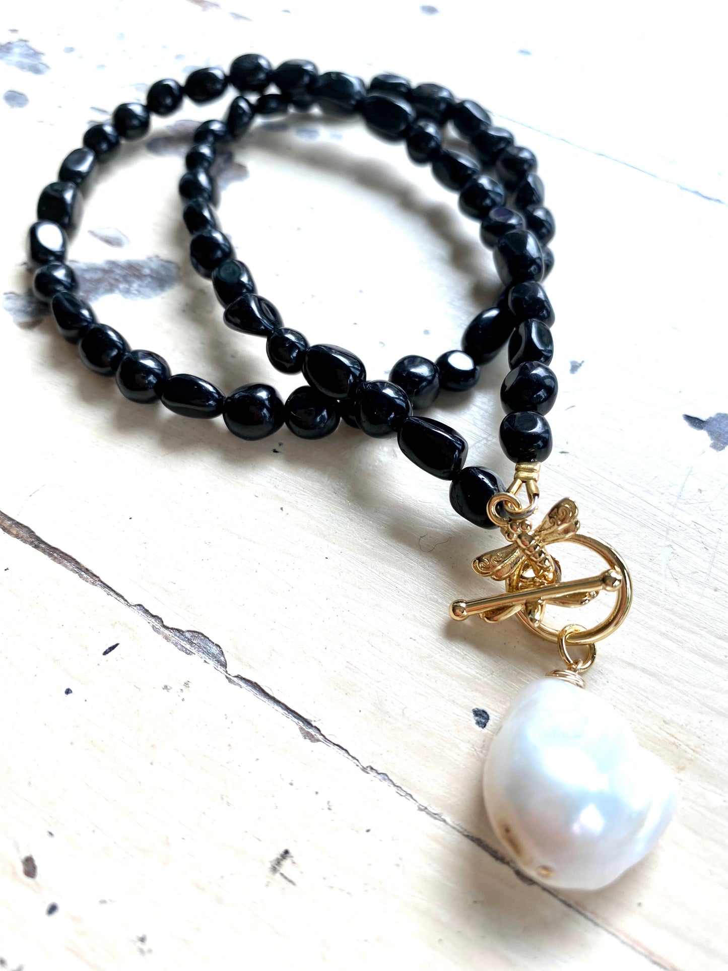 Black Tourmaline & Baroque Pearl Necklace, Honey Bees Clasp