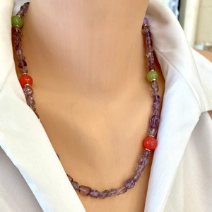 Light Amethyst Bead Bonbons Necklace w Orange Quartz, Lilac & Green Jade Accent Beads, Gold Plated, 21"inches