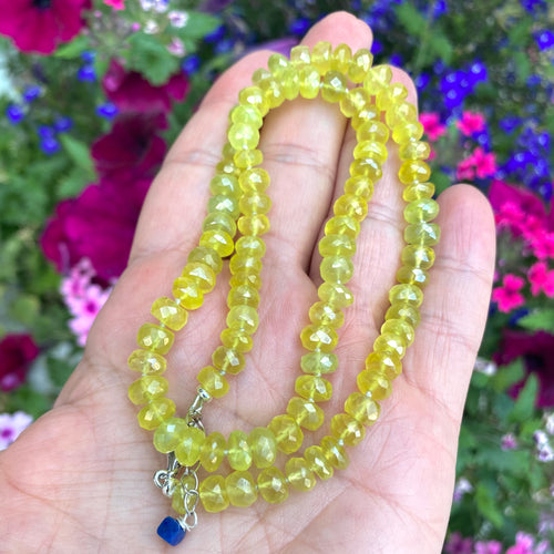 Embrace the light and lively vibes of summer with this stunning necklace, hand knotted yellow green faceted chalcedony rondelle beads 5.5-6mm. finished with silver lobster clasp and 1