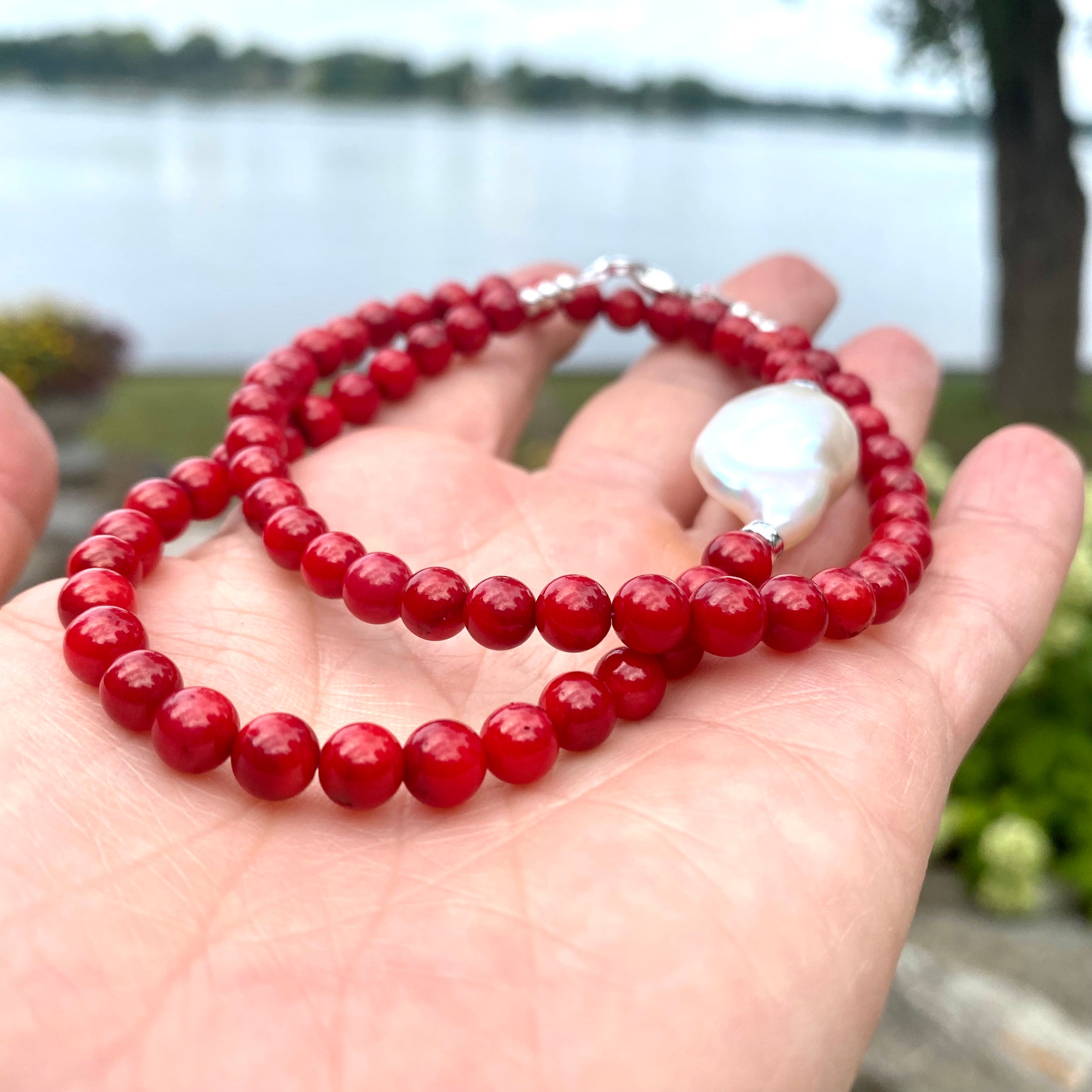 Red Coral Short Necklace with Natural Baroque Pearl and Sterling Silver Details, 18