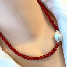 Cargar imagen en el visor de la galería, Red Coral Short Necklace with Natural Baroque Pearl and Sterling Silver Details, 18&quot;inches
