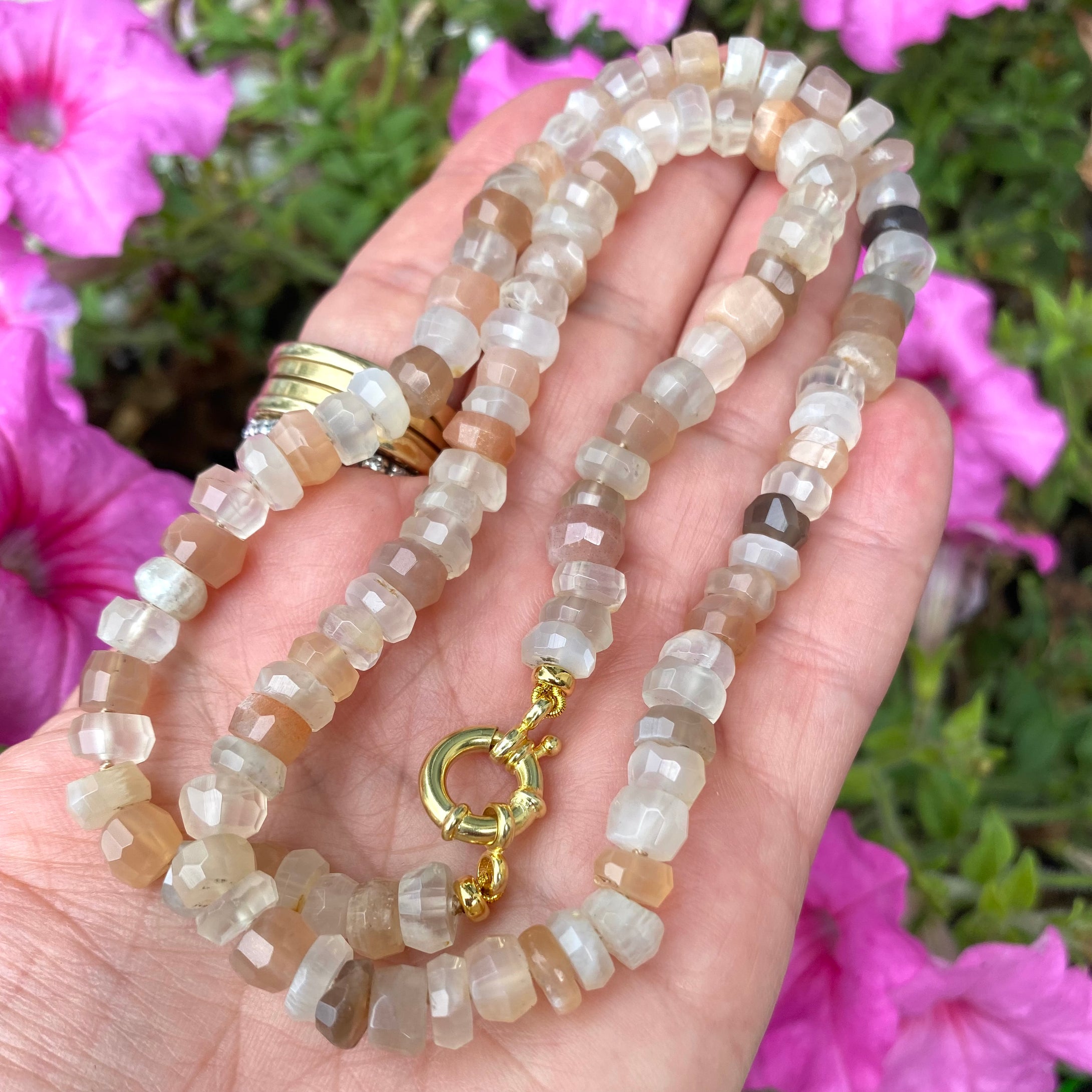 Collier Bonbons en Pierres de Lune Mixtes, 50 cm, Vermeil Or, Pierre de Naissance Juin