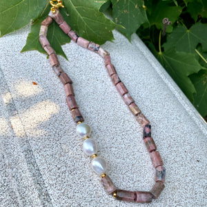 Rhodonite Tube Necklace w Gold Vermeil & Fresh Water Pearls, 17"Inches