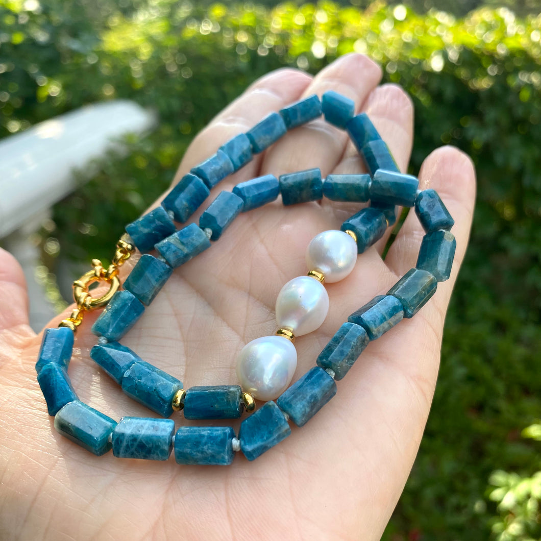 Blue Apatite Tube Beads Necklace w Gold Vermeil & Freshwater Pearls, 17.5