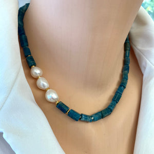 Blue Apatite Tube Beads Necklace w Gold Vermeil & Freshwater Pearls, 17.5"Inches