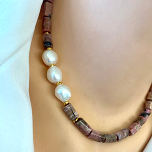 Rhodonite Tube Necklace w Gold Vermeil & Fresh Water Pearls, 17"Inches