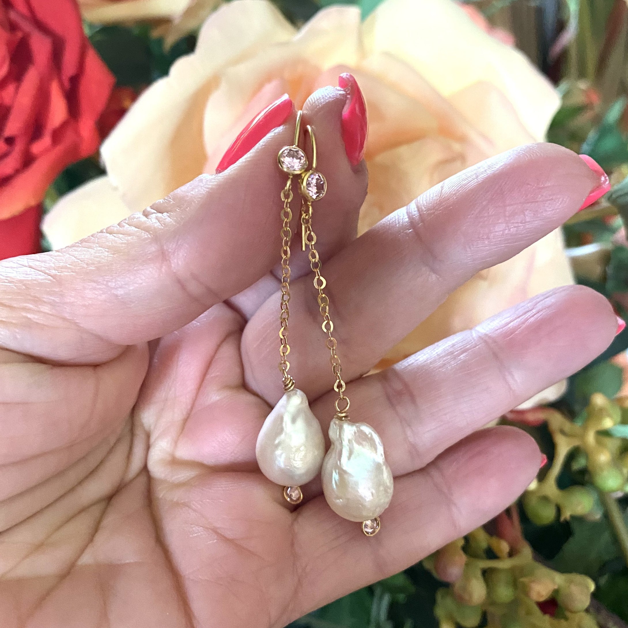 Baroque Pearl Long Earrings & Pink Cz
