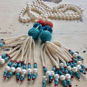 Pearl Lariat Necklace w Coral & Turquoise