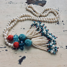 Load image into Gallery viewer, Pearl Lariat Necklace w Coral &amp; Turquoise
