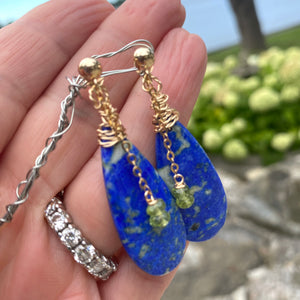 Teardrop Lapis Lazuli and Peridot Earrings, Gold Filled, OOAK Jewelry