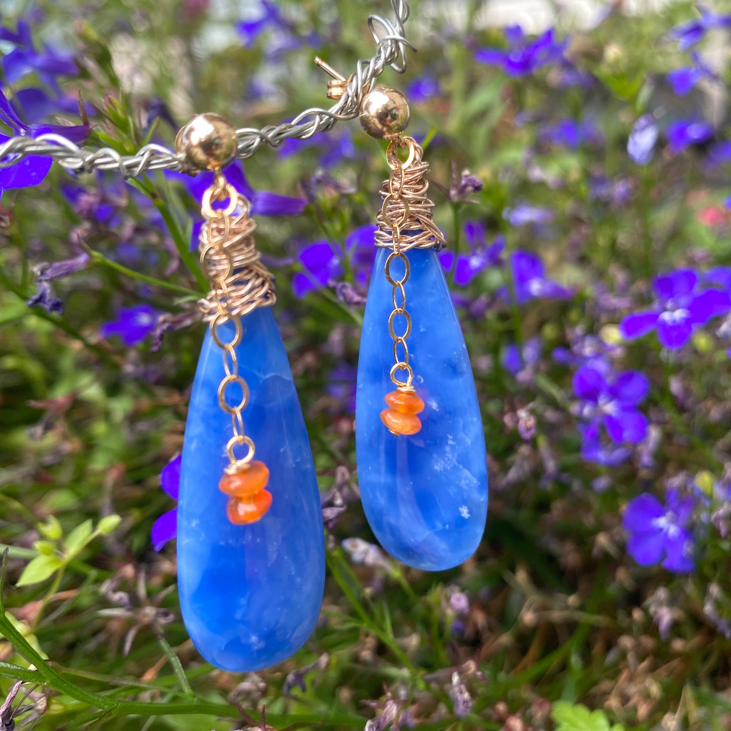 Blue Onyx Carnelian Earrings – Teardrop 14k Gold Filled, featuring stunning blue onyx and carnelian, handmade in Canada.