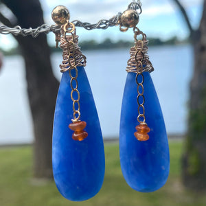 Teardrop Blue Onyx and Carnelian Earrings, Gold Filled, Artisan OOAK Jewelry