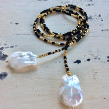 Cargar imagen en el visor de la galería, Black Spinel w Gold Coated Pyrite &amp; Large Baroque Pearl Long Lariat Necklace For Women at $310
