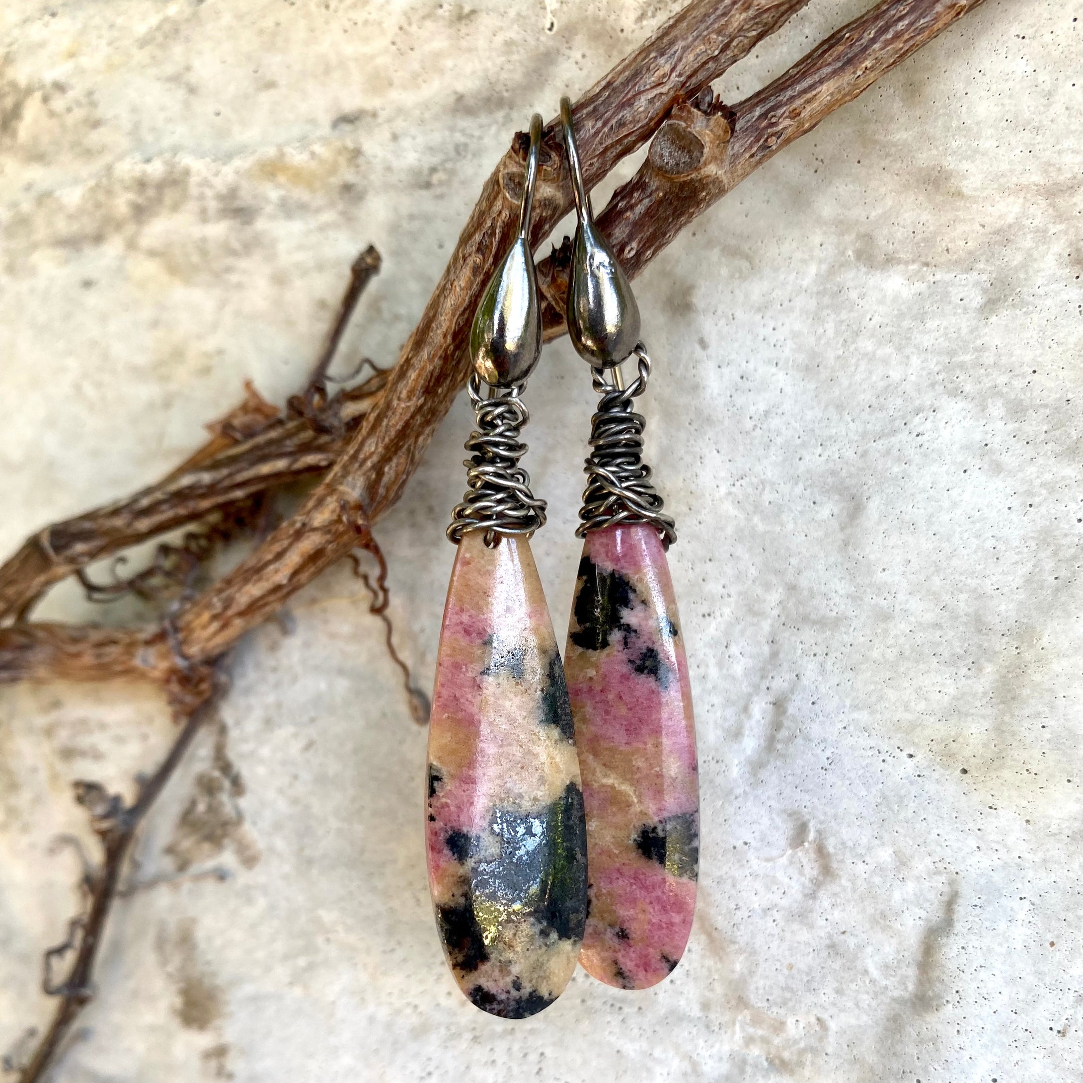 Teardrop Rhodonite Earrings, Black Rhodium