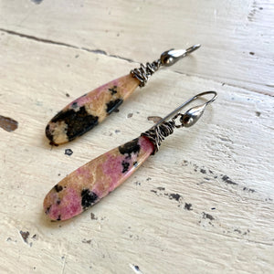 Teardrop Natural Rhodonite Gemstone Boho Earrings, Black Rhodium Plated Silver