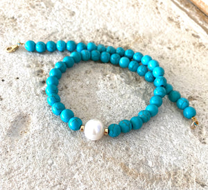 Turquoise with Fresh Water Pearl Choker Necklace, Gold Filled, Summer Jewelry, 14"or 15"inches