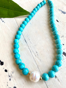 Turquoise with Fresh Water Pearl Choker Necklace, Gold Filled, Summer Jewelry, 14"or 15"inches