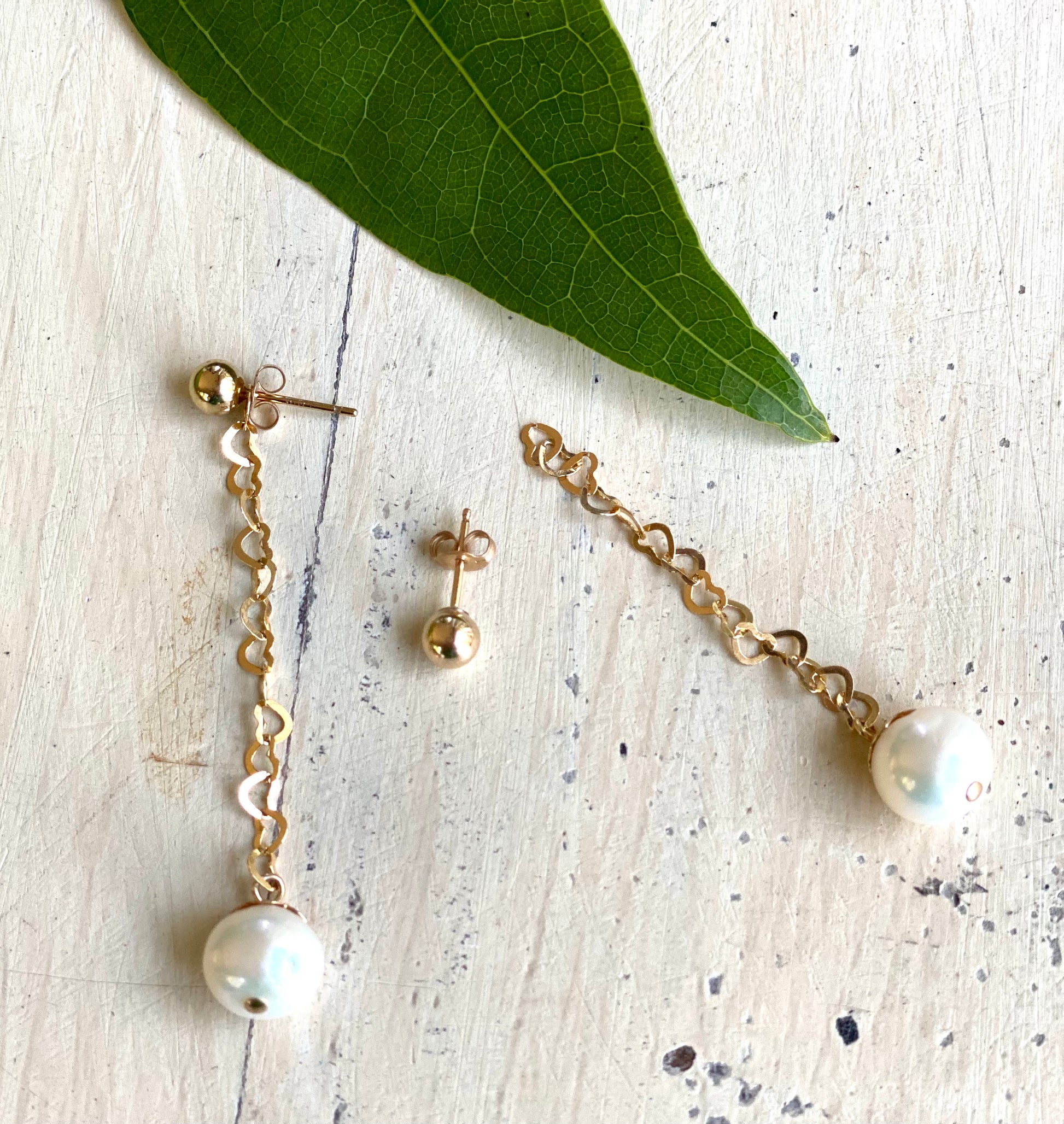 Pearl heart drop earrings with removable heart chain and freshwater pearl detail