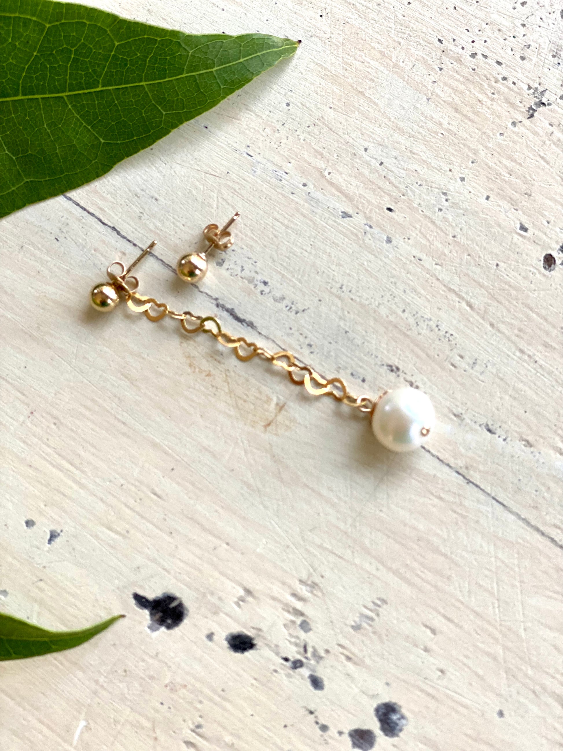 Pearl heart drop earrings styled as gold filled ball studs without pearl drops