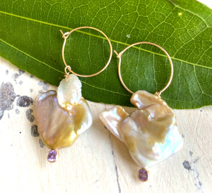 Natural Keshi Pearl and Gold Filled Hoop Earrings with Light Purple Cubic Zirconia