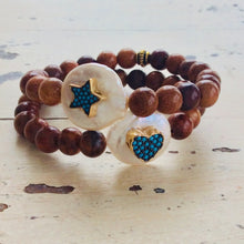Cargar imagen en el visor de la galería, Sandalwood Stretchy Bracelet Turquoise Heart &amp; Star, Coin Pearl Bracelet
