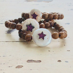 Wood Stretchy Coin Pearl Bracelet w Ruby Red & Sapphire Cz Star
