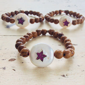 Wood Stretchy Coin Pearl Bracelet w Ruby Red & Sapphire Cz Star