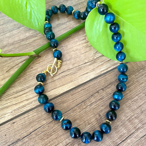 Hand Knotted Blue Black Tiger's Eye Candy Necklace w Gold Vermeil, 18.5"inches