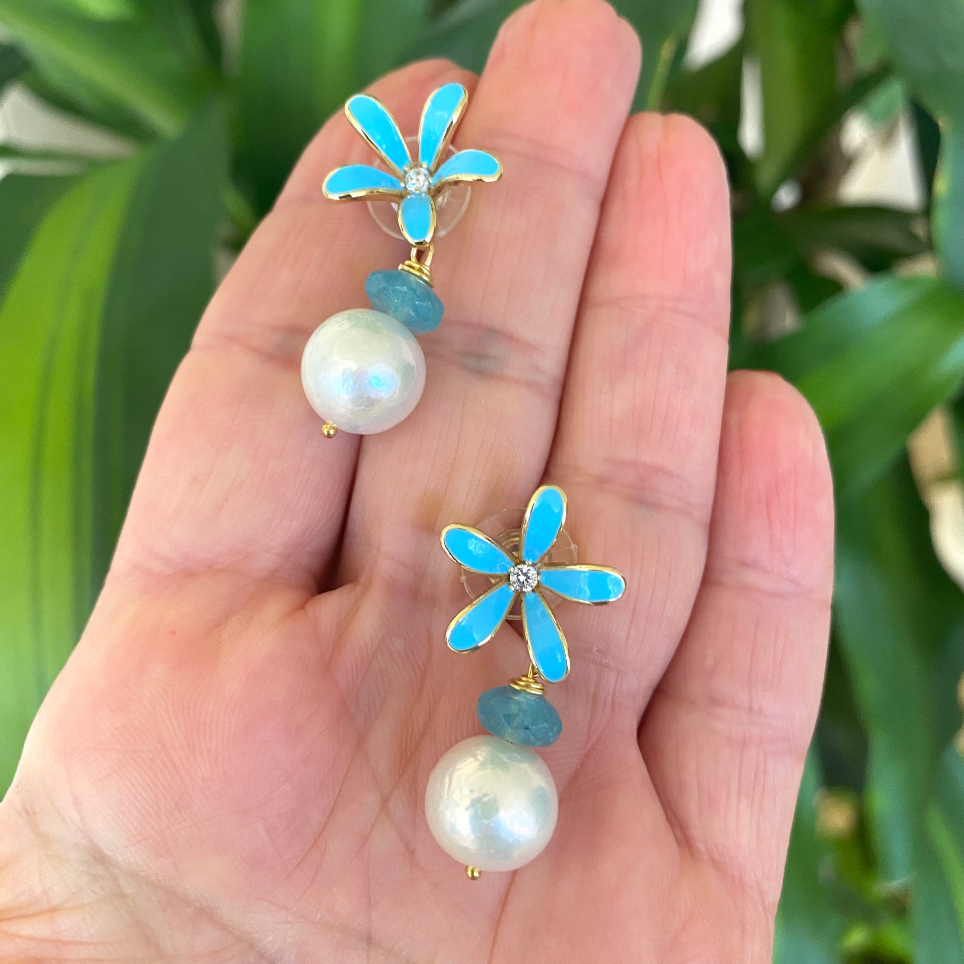 Edison Pearl Aquamarine Earrings – Blue Enamel Flower showcasing handmade elegance with pearlescent detail.