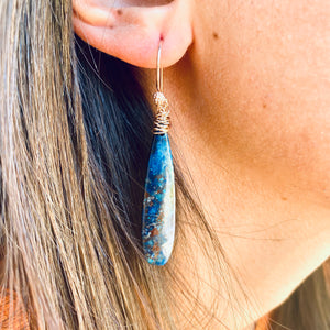 Natural Deep Blue Chrysocolla Teardrop Gemstone Boho Earrings, Rose Gold Vermeil
