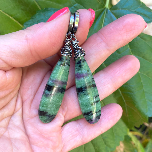 Ruby Zoisite Teardrop Earrings – Natural gemstone dangles with unique pink, green, and black patterns.