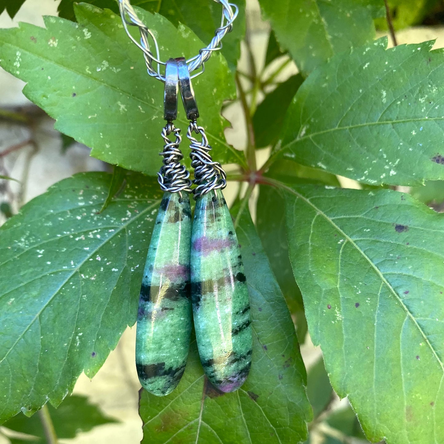 Ruby Zoisite Teardrop Earrings showcasing natural gemstones with pink, green, and black veining, handmade in Canada.