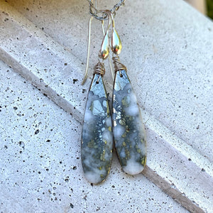 Natural Druzy White Quartz with Pyrite Teardrop Gemstone Earrings, Sterling Silver