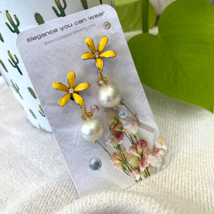 Edison White Pearls and Citrine Drop Earrings, Yellow Enamel & Gold Plated Flower Studs