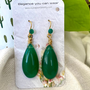 Emerald Green Onyx Teardrop Earrings, Gold Vermeil