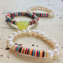 Load image into Gallery viewer, Boho Style African Vinyl &amp; Pearls Stretch Bracelet at $175
