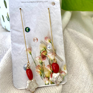 Floral Pearl Drop Earrings, Dainty Baroque Pearl & Coral Earrings