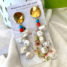 Charger l&#39;image dans la galerie, Elegant Baroque Keshi Pearl and Gemstone Earrings with Gold Plating, Freshwater Pearls, Red Coral, and Turquoise
