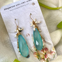Load image into Gallery viewer, Teardrop Sky Blue Chalcedony Cluster Earrings, Fresh Water Pearls &amp; Gold Filled Ear Wires

