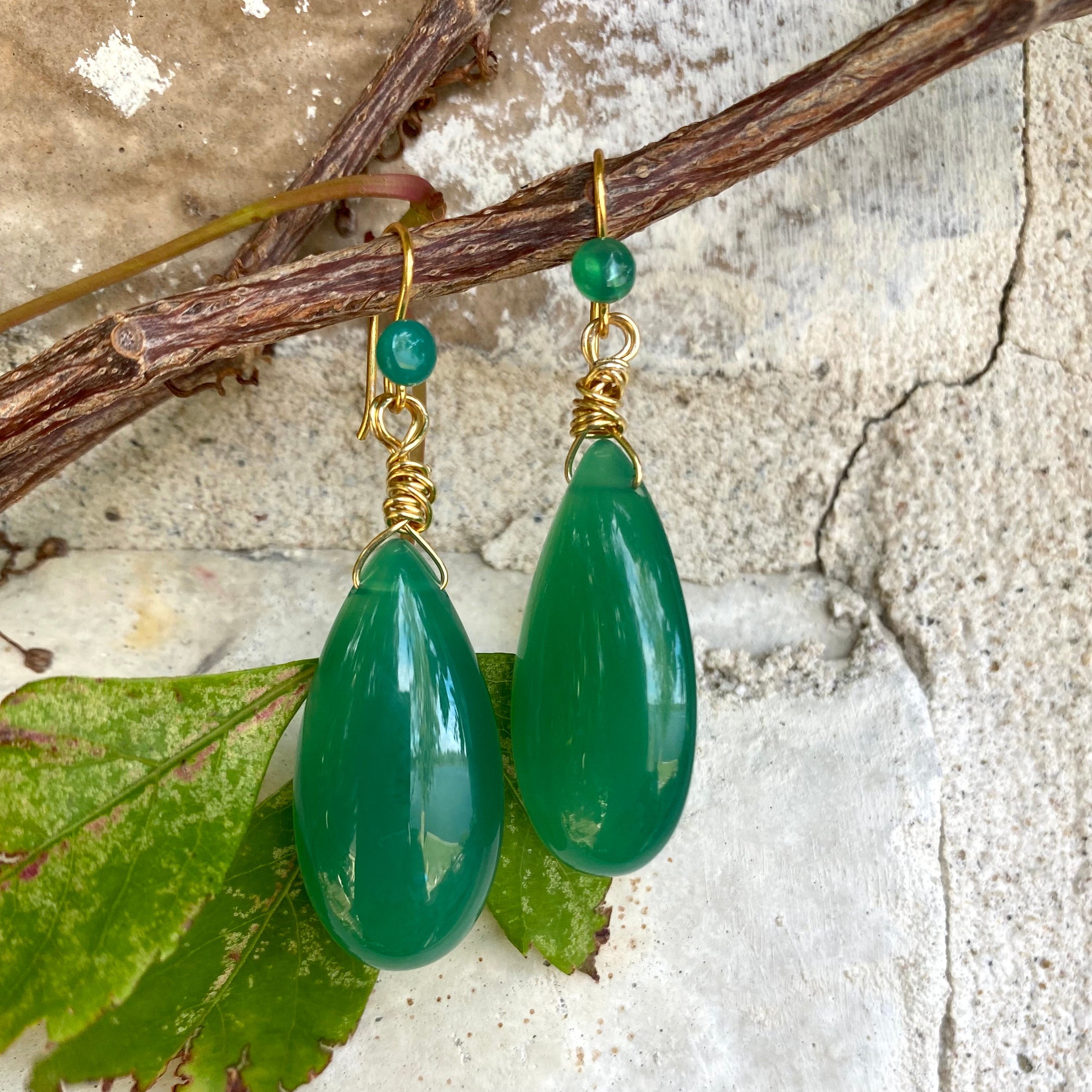 Emerald Green Onyx Teardrop Earrings, Gold