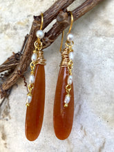 Load image into Gallery viewer, Red Aventurine and Pearl Earrings, Gold Vermeil, Artisan OOAK Jewelry
